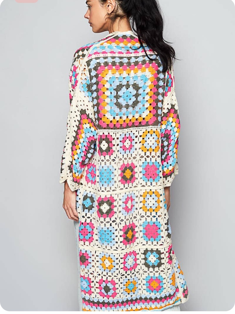 POL Colorful Granny Square Crochet Long Duster Cardigan one size boho - Picture 2 of 9